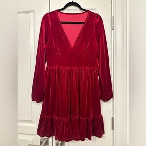 Halara Deep V Neck Ruffled Hem Velvet Mini Party Dress, Sangria, Size M